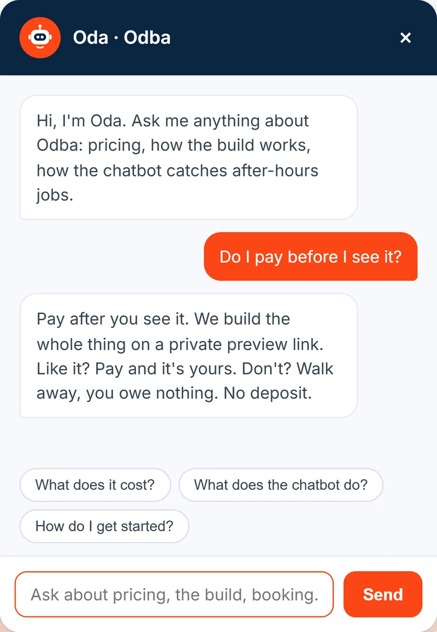 Oda chatbot answering a question about paying after the preview